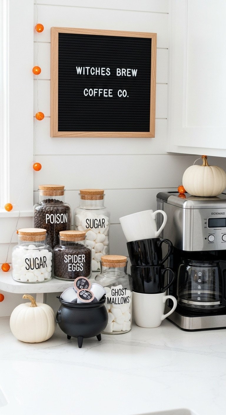 Cozy farmhouse Halloween kitchen decor with a Witches Brew coffee bar featuring themed mugs apothecary jars and a white pumpkin