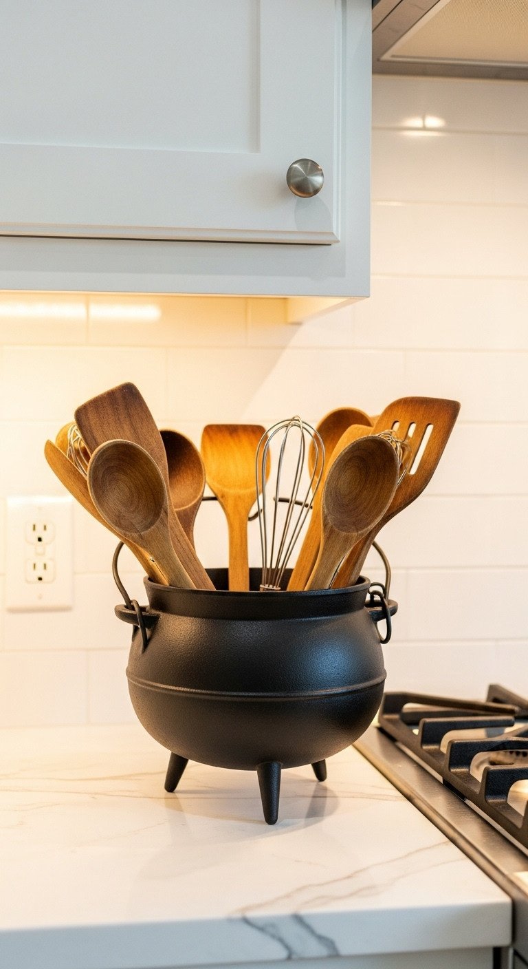 Cozy farmhouse Halloween kitchen decor with a cast iron cauldron utensil holder filled with rustic wooden spoons and whisks