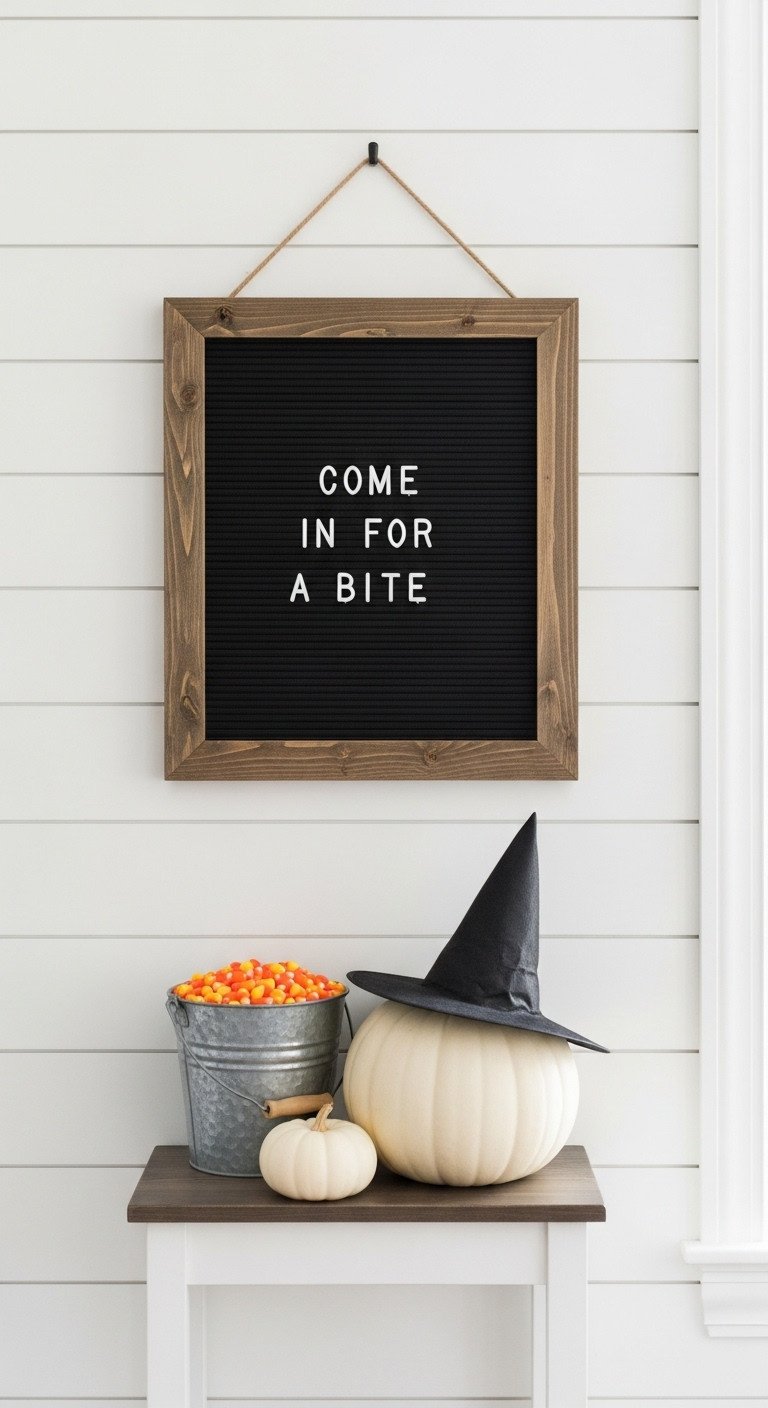 Cozy farmhouse Halloween kitchen decor with a letter board reading Come in for a bite with candy corn and a witch hat