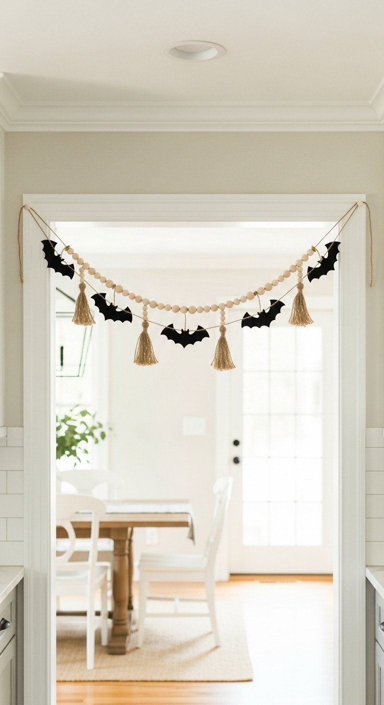 Cozy farmhouse Halloween kitchen decor with a rustic twine garland featuring wooden beads and black felt bats draped over a doorway