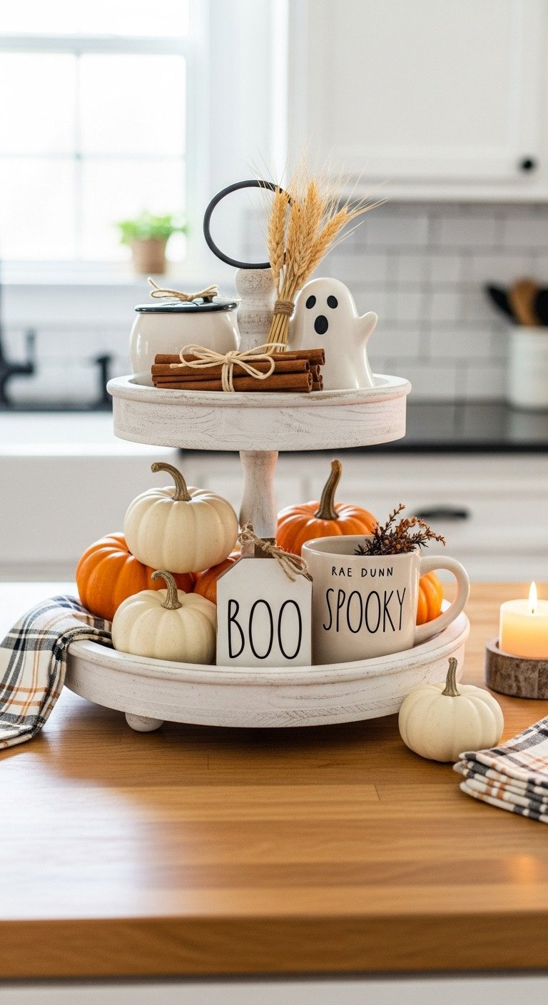 Cozy farmhouse Halloween kitchen decor with a tiered tray displaying white pumpkins a Boo sign a Spooky mug a ceramic ghost and cinnamon sticks