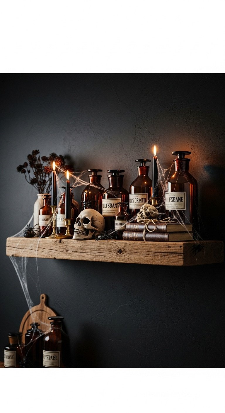 Cozy farmhouse Halloween kitchen decor with a witch's apothecary styled floating shelf featuring vintage bottles candles books and a skull
