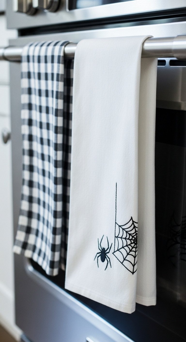 Cozy farmhouse Halloween kitchen decor with black and white ticking stripe and embroidered spider kitchen towels on oven handle