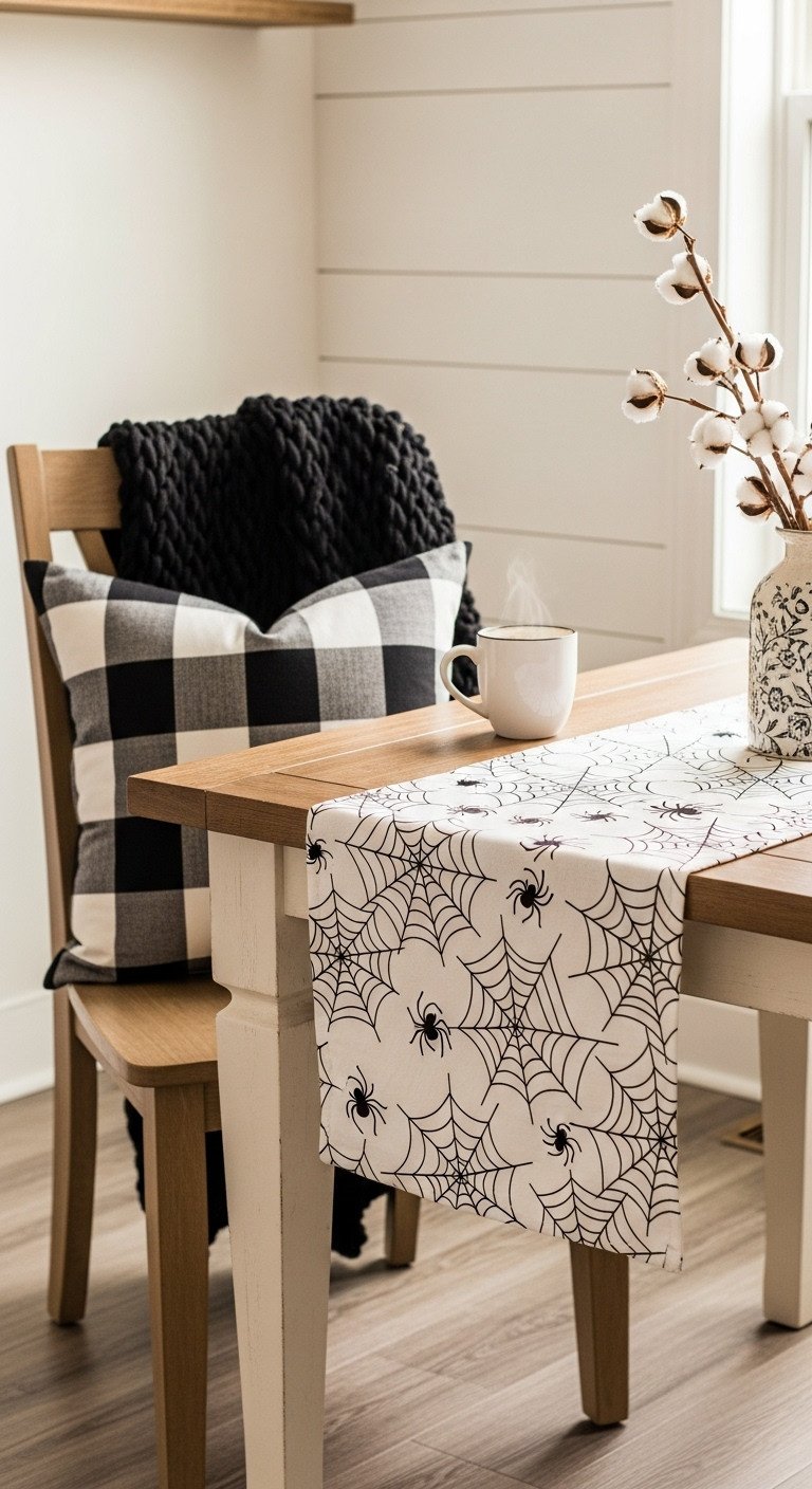 Cozy farmhouse Halloween kitchen decor with buffalo check pillow knit throw spiderweb table runner and cotton stems in breakfast nook