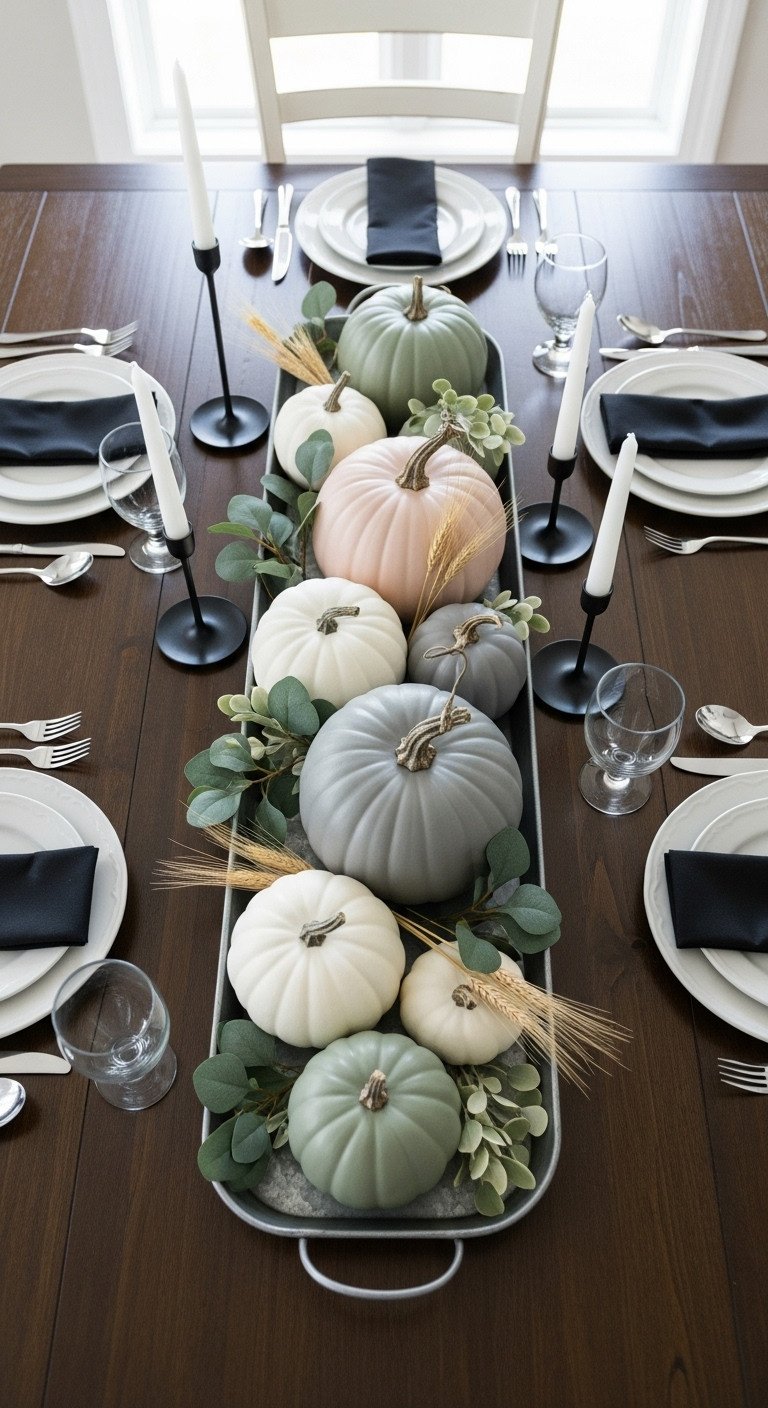 Cozy farmhouse Halloween kitchen decor with elegant rustic table centerpiece muted pumpkins eucalyptus stems and black candlesticks