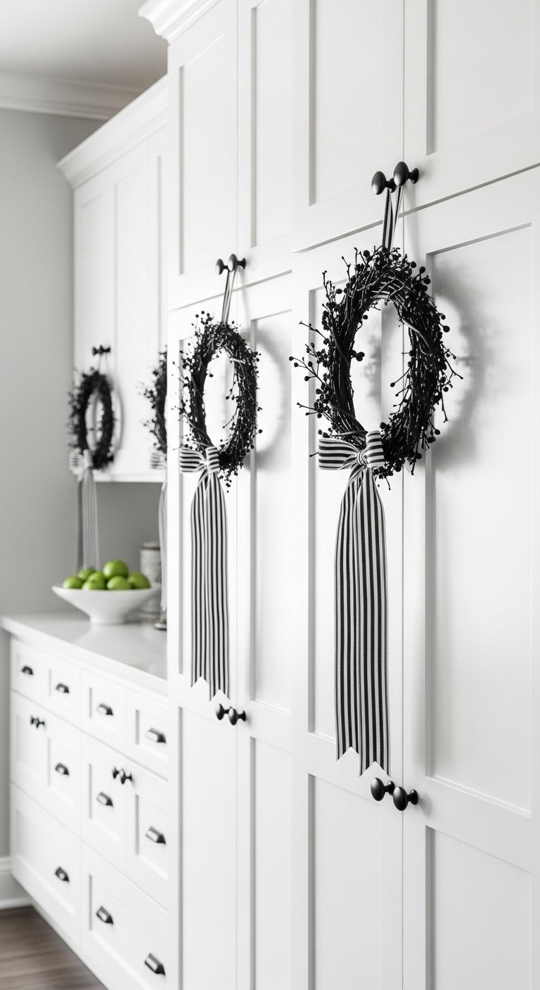 Cozy farmhouse Halloween kitchen decor with mini black grapevine wreaths and striped ribbons on white shaker cabinets