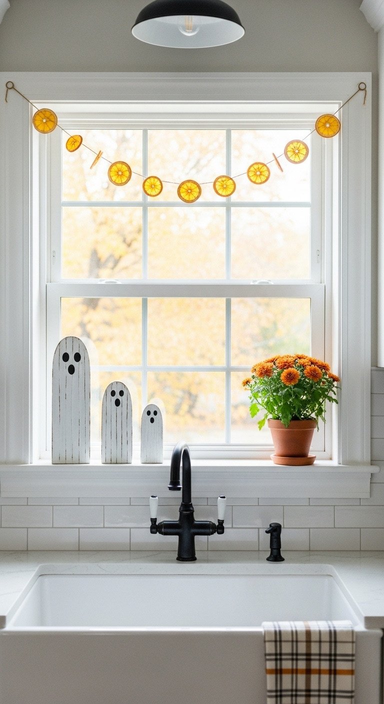 Cozy farmhouse Halloween kitchen decor with rustic ghost figurines orange mum and dried orange slice garland on a window sill