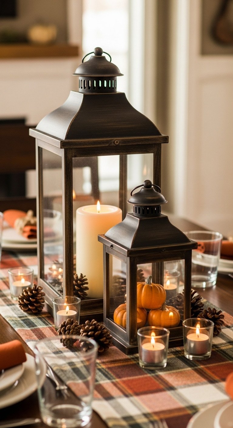 Cozy farmhouse Thanksgiving centerpiece with weathered lanterns votive candles pillar candle mini pumpkins and pinecones on plaid runner