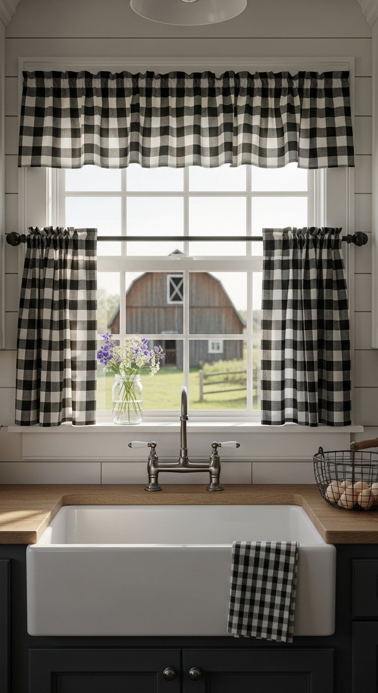 Cozy farmhouse gingham curtains black and white buffalo check cafe curtains above a white apron-front sink