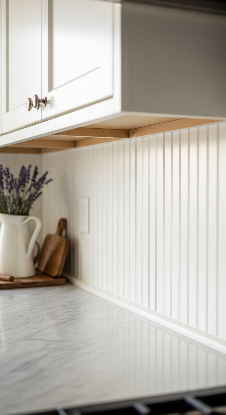 Cozy farmhouse kitchen with a classic white beadboard backsplash marble countertop and white shaker cabinets under natural light