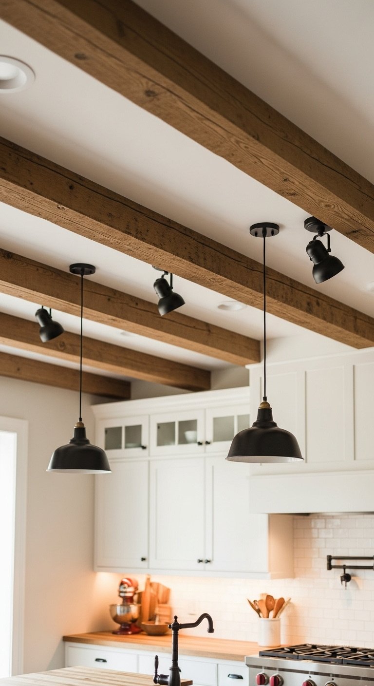 Cozy farmhouse kitchen with white ceiling accented by rough-hewn dark-stained wood beams and black metal spotlights