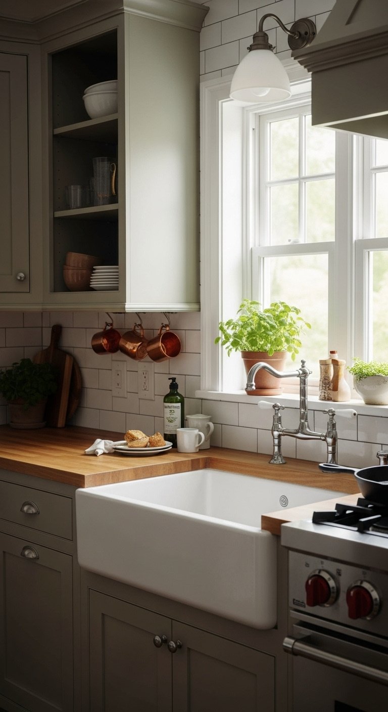 Cozy farmhouse white oak kitchen with shaker cabinets apron front sink open shelving and rustic accents under soft natural light