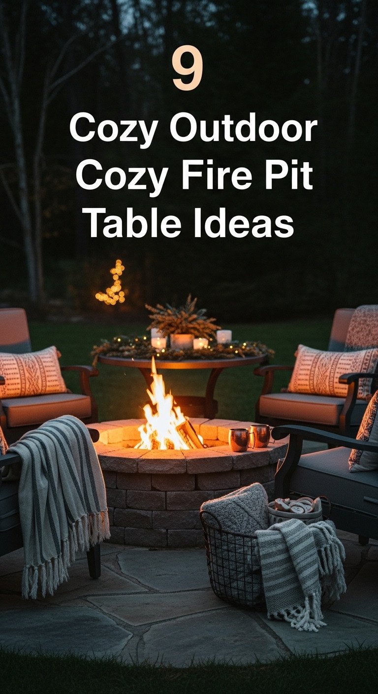 Cozy fire pit gathering with low round dining table armchairs wool blankets copper mugs and string lights