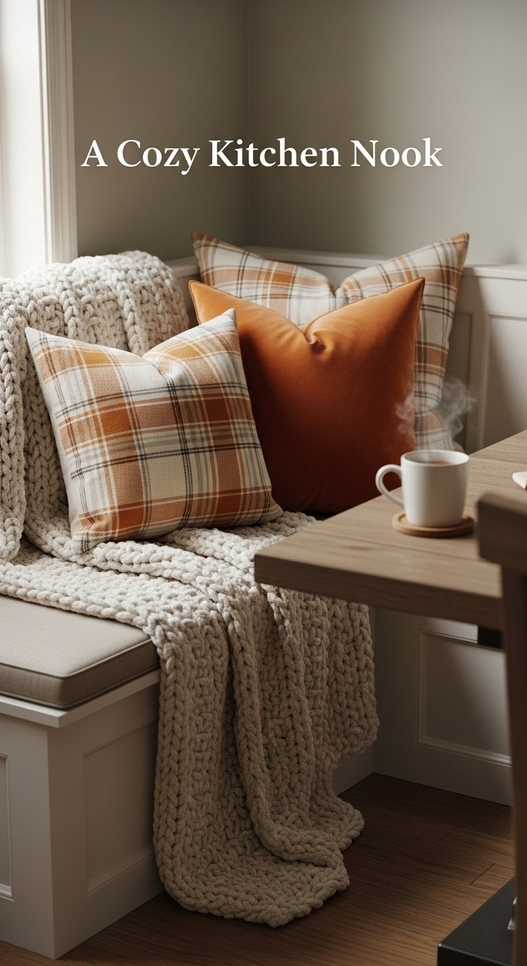 Cozy kitchen banquette seat with a chunky knit throw blanket and two fall-themed pillows with a steaming mug of tea