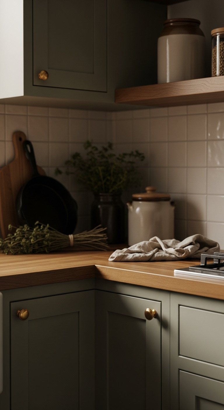 Cozy kitchen corner with muted sage green cabinets oiled butcher block countertop vintage cast iron skillet dried herbs stoneware crock