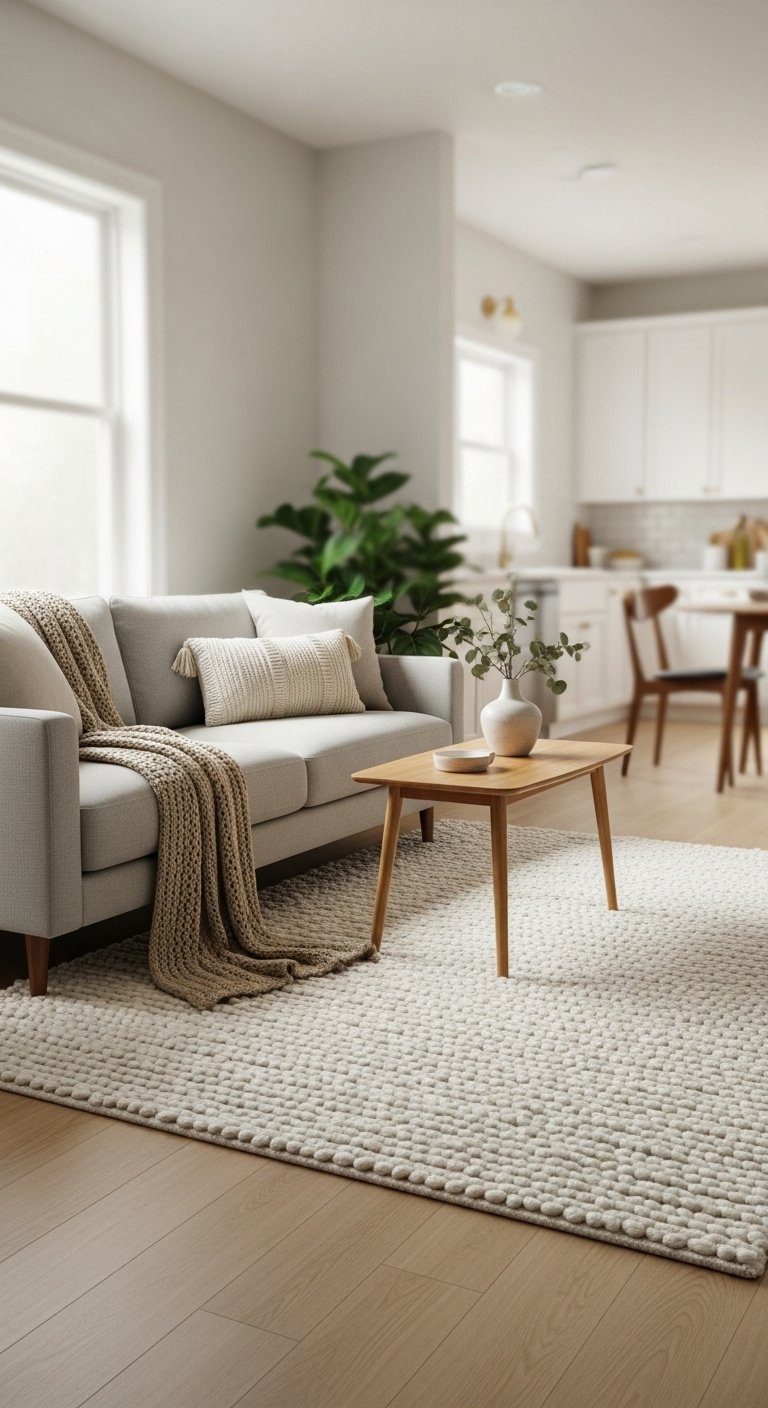 Cozy living room seating area in an open-concept home with a large ivory wool rug light gray sofa and wooden coffee table
