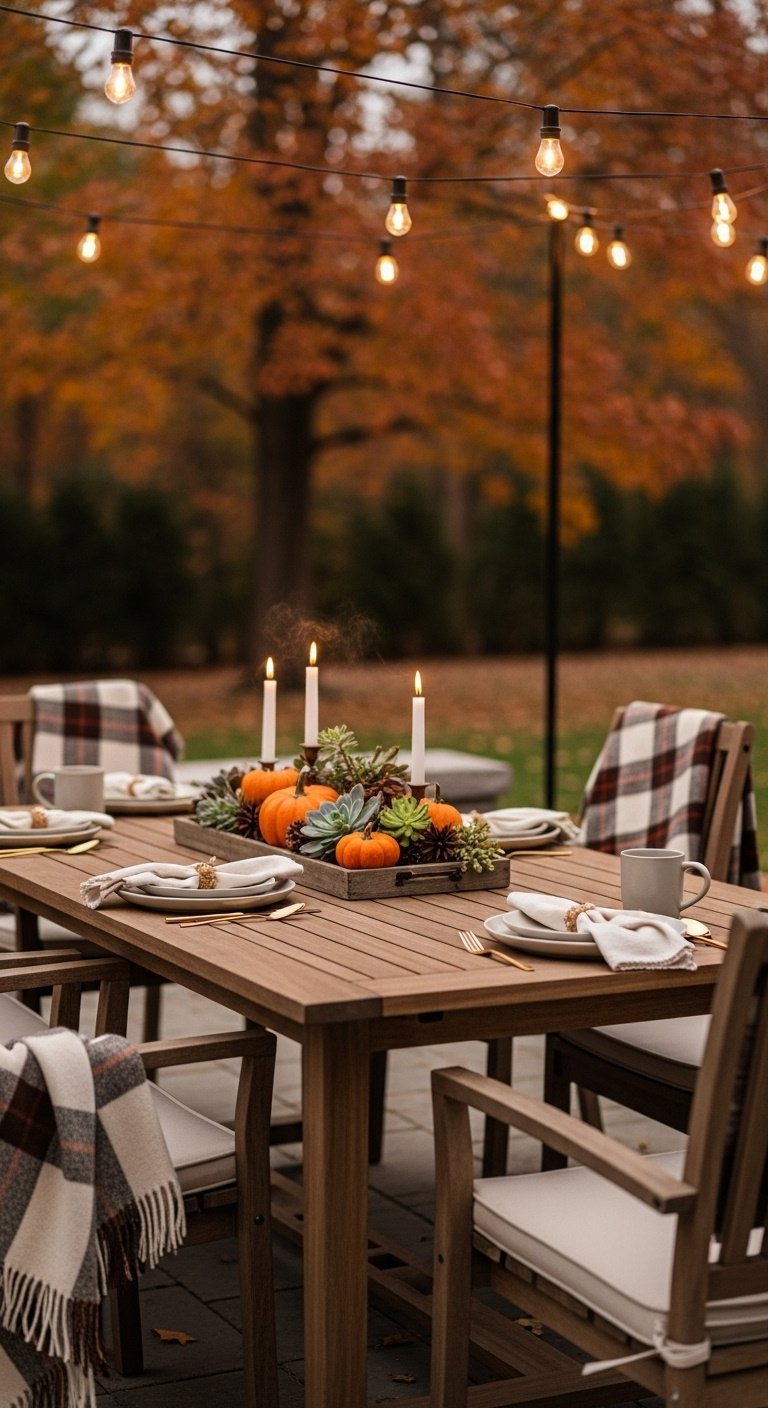 Cozy outdoor patio fall tablescape with wooden dining table pumpkins succulents plaid blankets and string lights at dusk