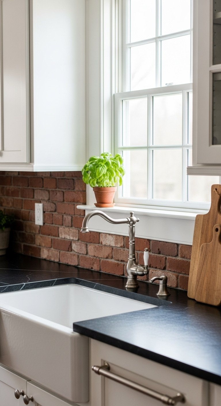 Cozy rustic kitchen with a classic red brick backsplash white farmhouse sink black soapstone counter and white shaker cabinets
