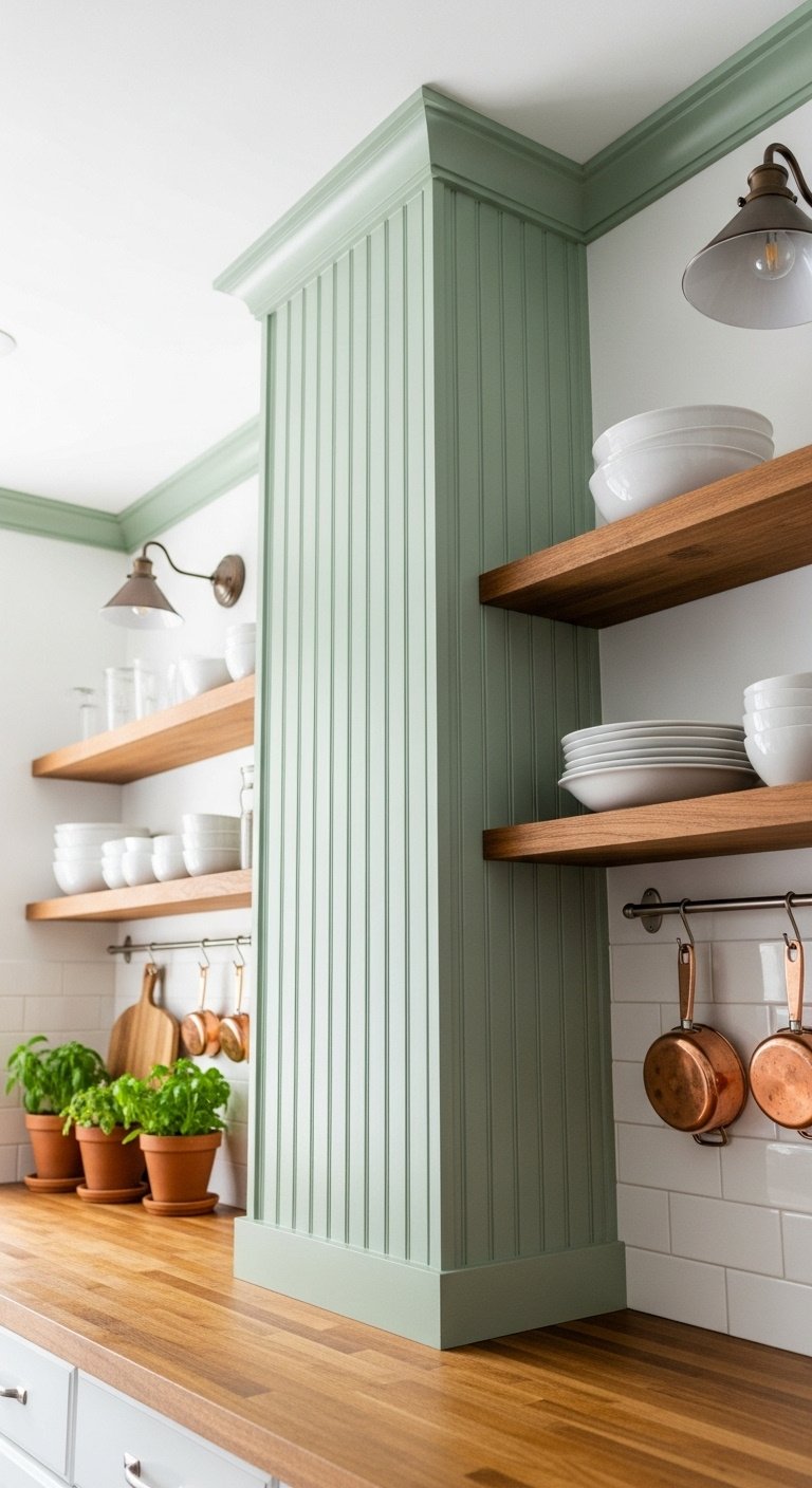 Cozy rustic kitchen with a full-height sage green beadboard backsplash butcher block counter and open wooden shelves