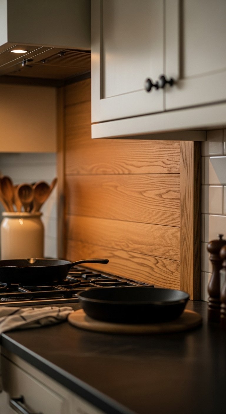 Cozy rustic kitchen with a warm natural wood stained beadboard backsplash dark soapstone counter and cream cabinets