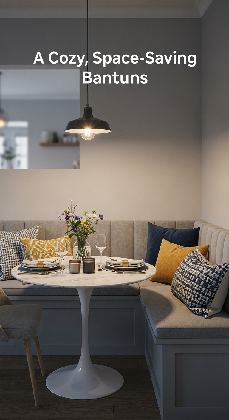 Cozy space-saving banquette in open plan kitchen dining living with L-shaped dining banquette plush grey cushions and round white marble table