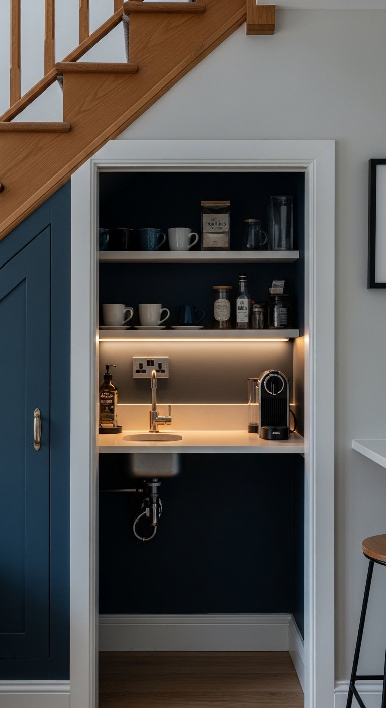 Cozy under-the-stairs coffee bar with navy blue wall white counter custom shelves mugs coffee machine and LED light