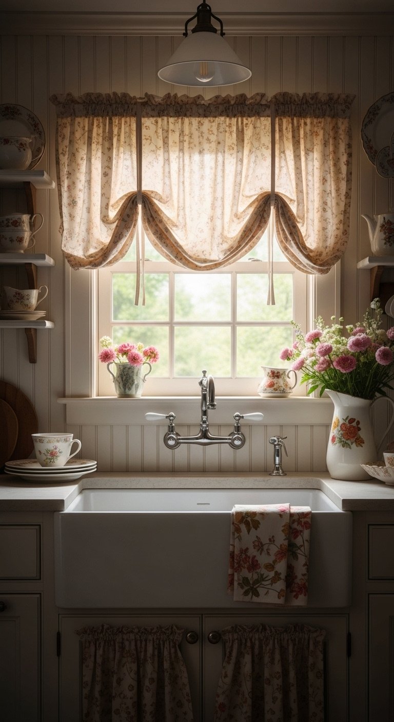 Cream balloon valance with floral print over kitchen sink with light painted cabinets vintage faucet and beadboard backsplash