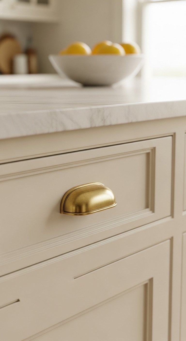 Cream-colored Shaker-style cabinet drawer with antique unlacquered brass bin pull and blurred marble countertop