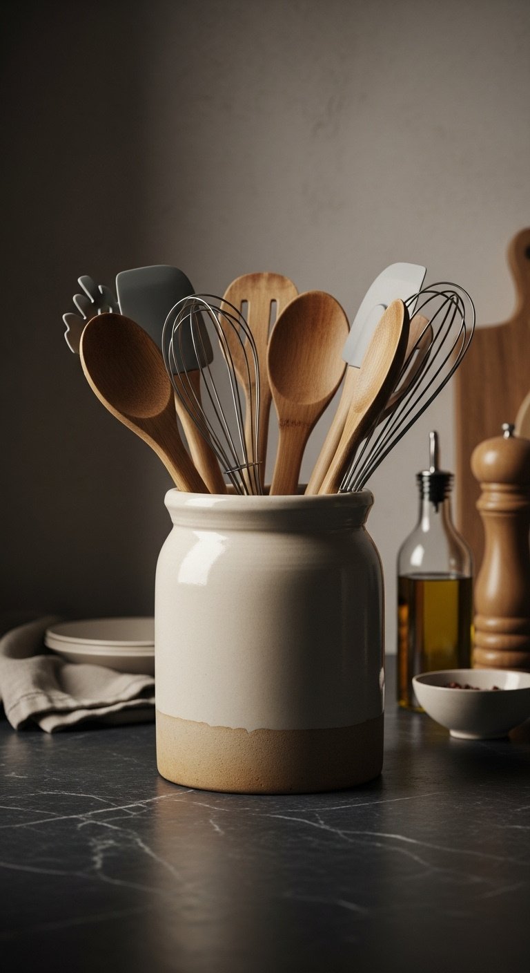Cream stoneware crock filled with wooden spoons and whisk on dark soapstone counter with plaster wall background