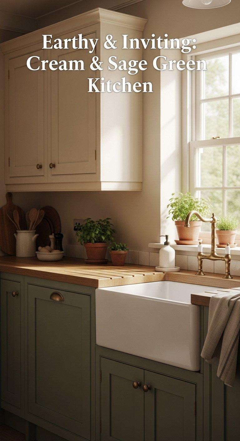 Cream upper and sage green lower kitchen cabinets with butcher block countertop and fresh herbs