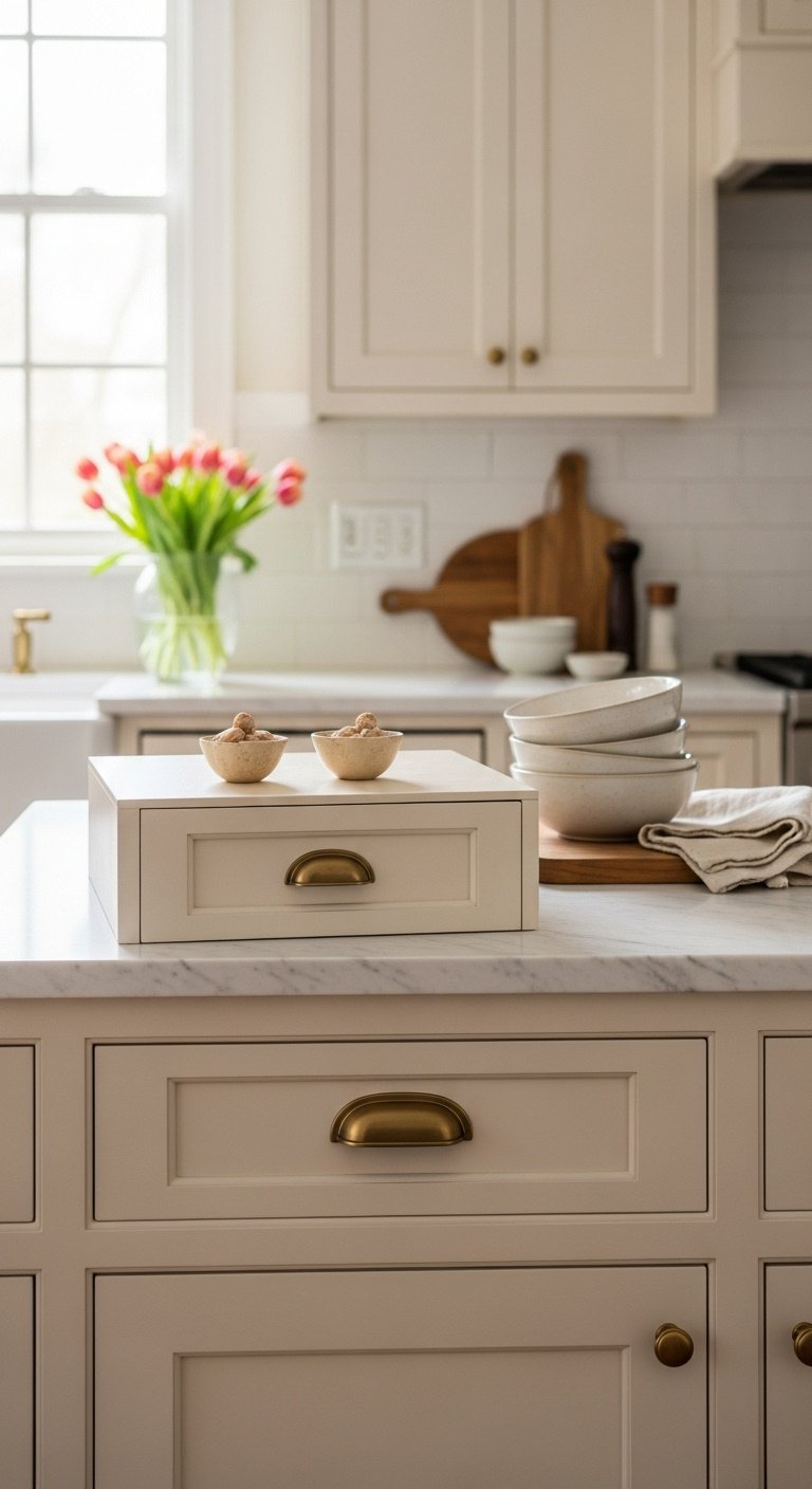 Creamy off white shaker kitchen cabinets with brushed brass pulls marble countertop and fresh tulips in a cozy elegant kitchen