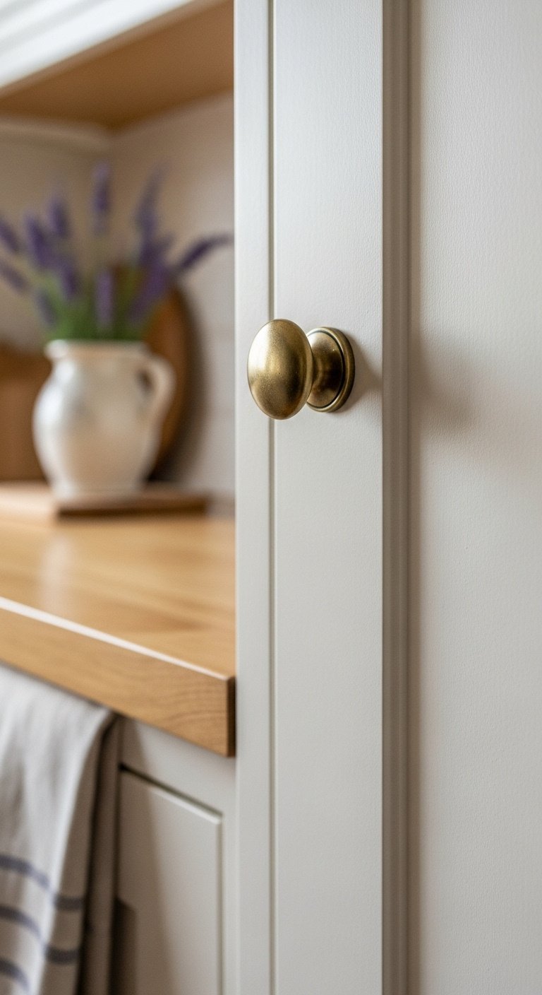 Creamy white French countryside kitchen cabinet with a brass knob and lavender vase in soft natural light