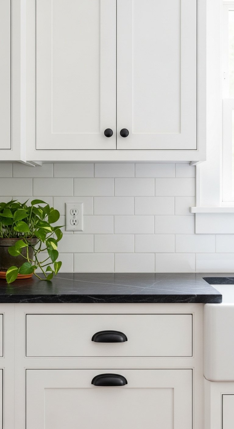 Crisp clean white shaker kitchen cabinet with matte black knob and dark soapstone countertop