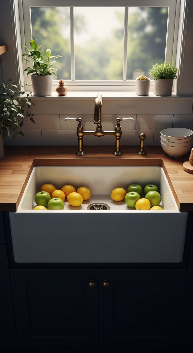 Crisp white fireclay farmhouse sink filled with lemons and apples set in a navy cabinet with butcher block and brass faucet