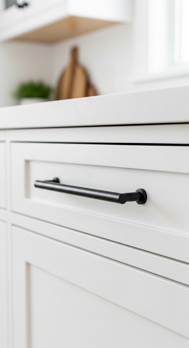 Crisp white shaker style cabinet drawer with a sleek modern matte black bar pull handle in a bright kitchen setting