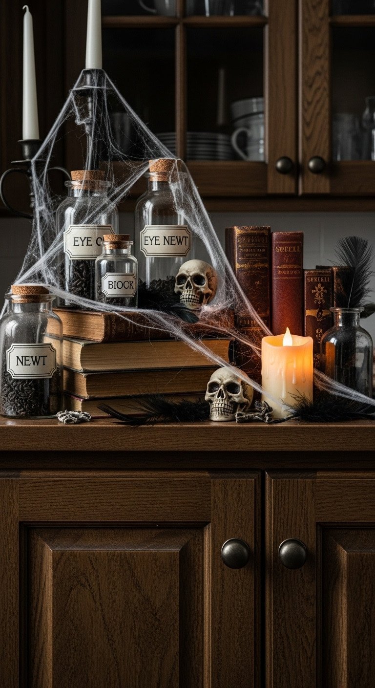 Curated spooky curiosities with dusty potion jars old spell books a miniature skull and LED candle over kitchen cabinets