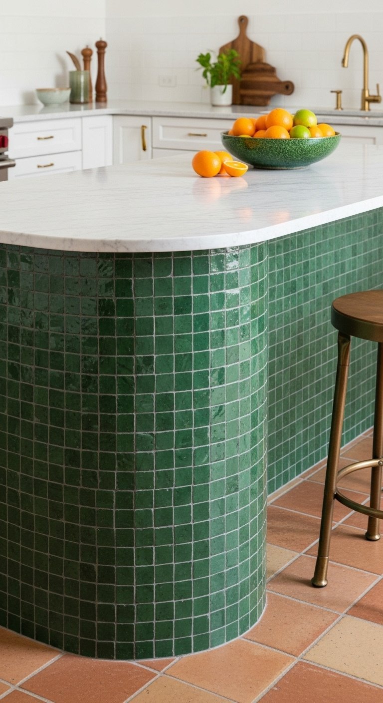 Curved kitchen island with modern design seating and safety features in a contemporary kitchen