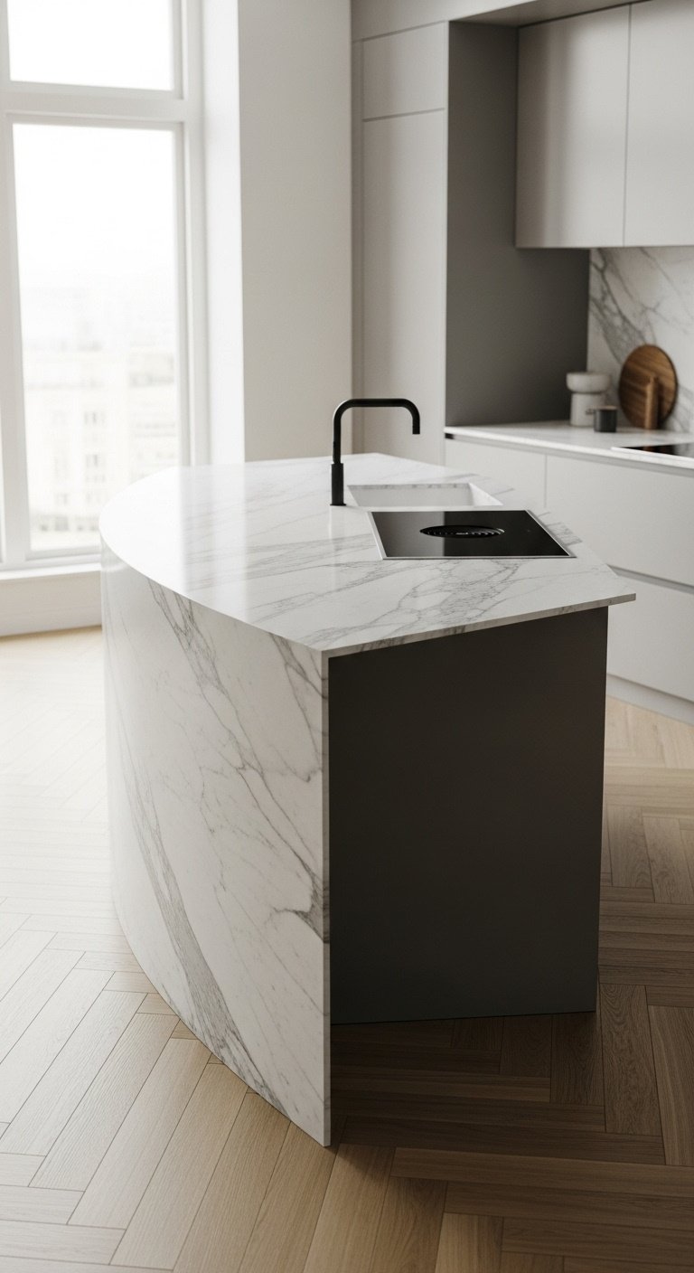 Curved kitchen island with modern design seating and safety features in a contemporary kitchen