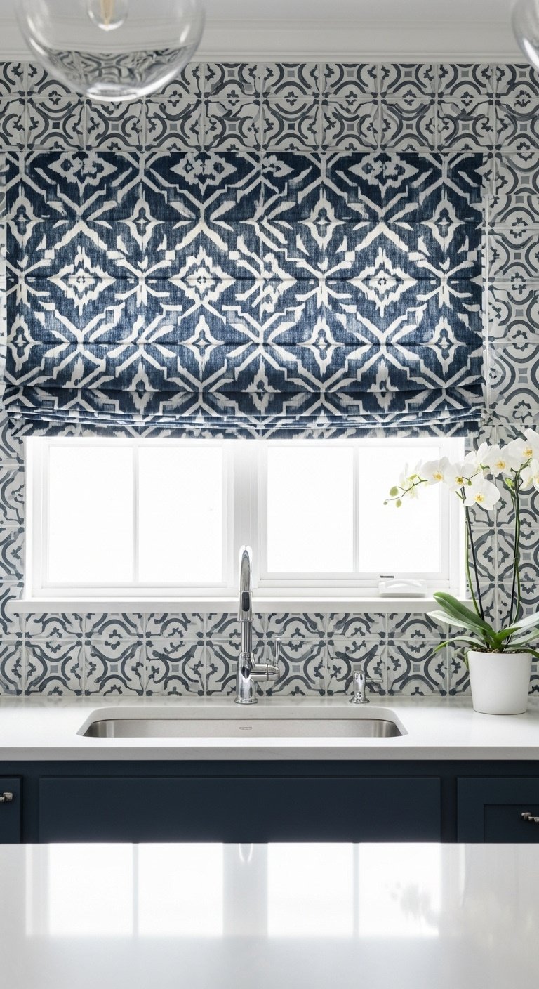Custom Roman shade with blue and white geometric pattern matching cement tile backsplash over kitchen sink