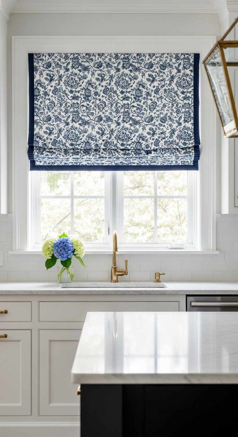 Custom navy blue and white patterned Roman shade raised over kitchen window looking out onto blooming garden