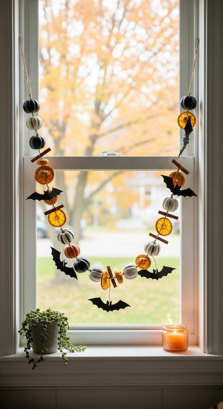 DIY Halloween garland with mini black and white pumpkins, dried orange slices, cinnamon sticks, and paper bats on a kitchen window frame