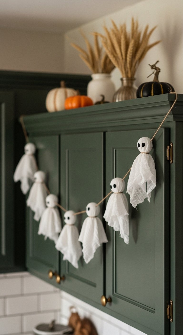 DIY garland of white cloth ghosts with black dot eyes draped across dark green kitchen cabinets with faux pumpkins and dried wheat