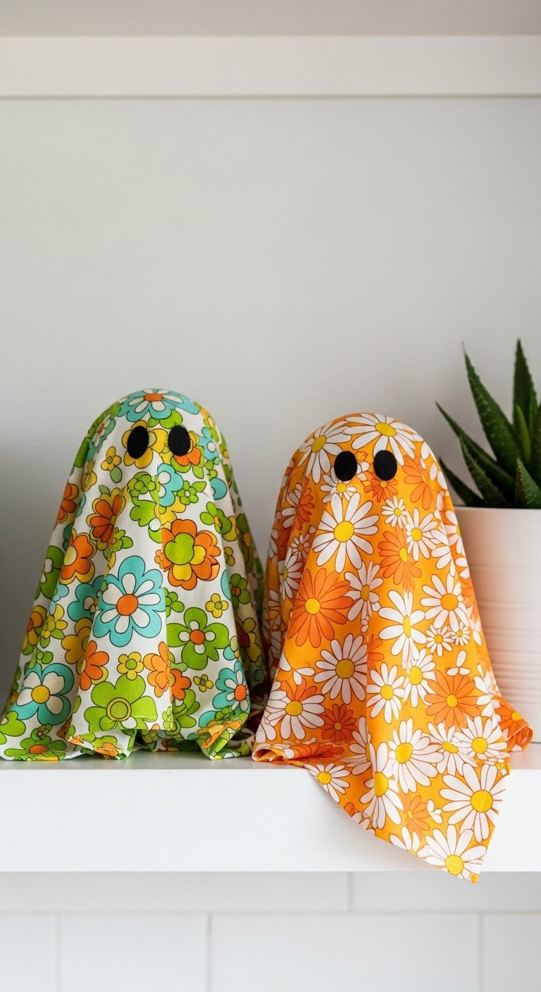DIY groovy ghosts made from retro-patterned fabric and black felt eyes sitting on a kitchen shelf with a succulent