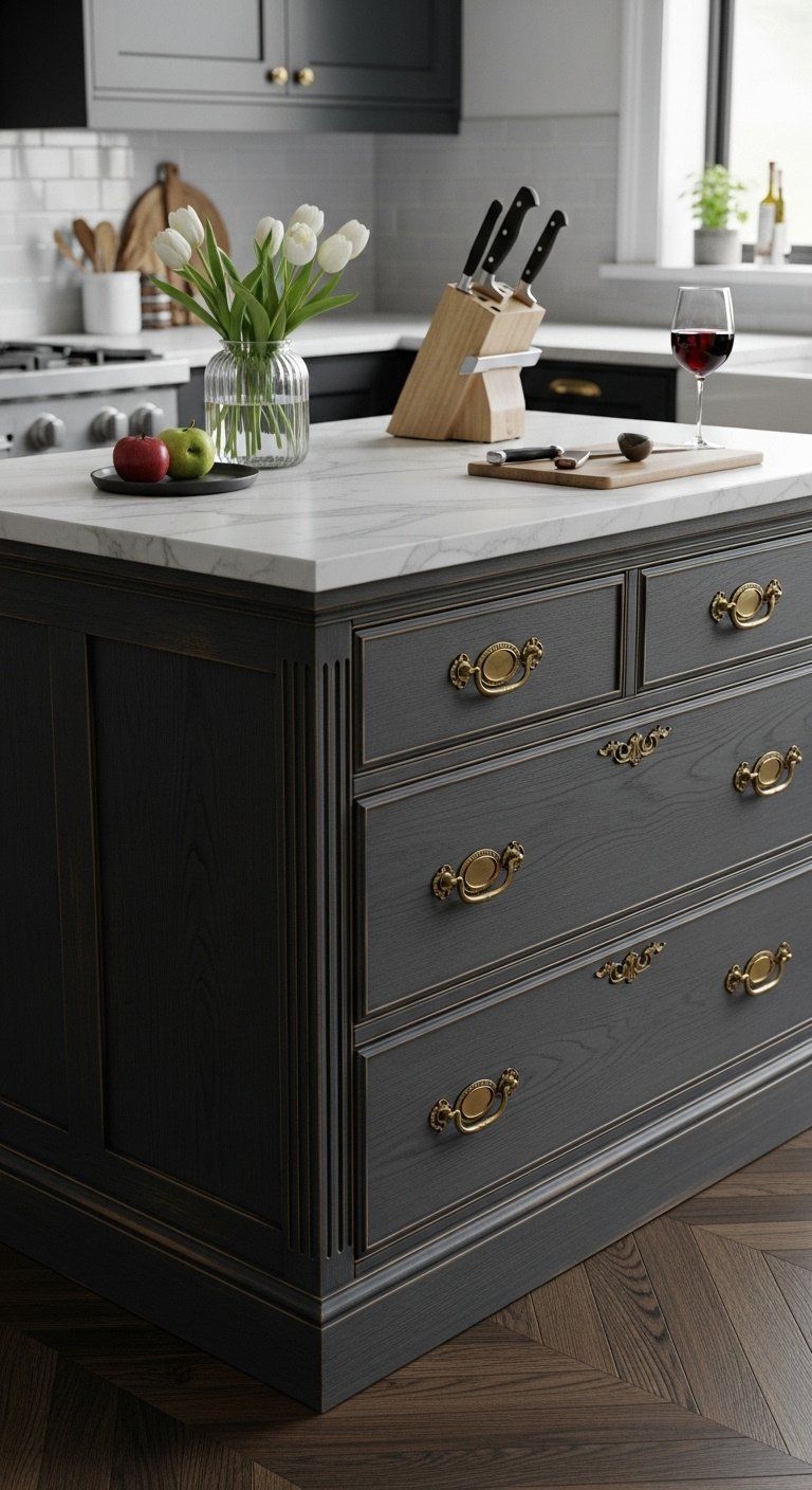 DIY kitchen island construction using base cabinets and butcher block in a bright kitchen setting