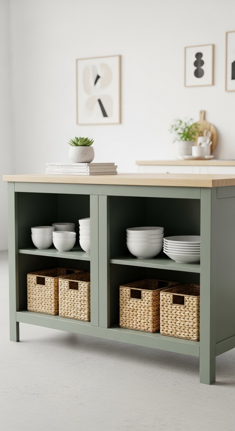 DIY kitchen island from stock base cabinets with tools and butcher block top
