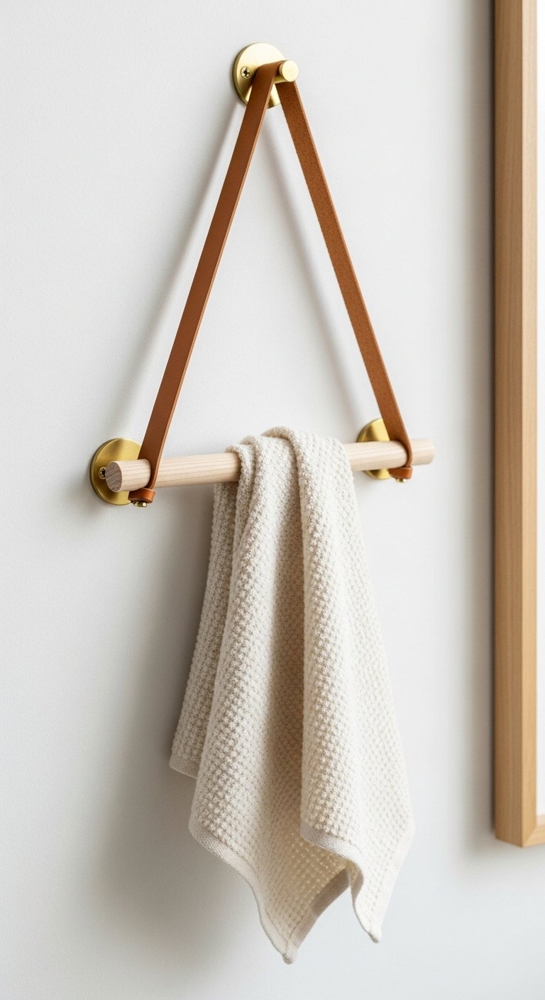DIY leather and wood dowel towel holder with cream hand towel on a white wall in Scandinavian style