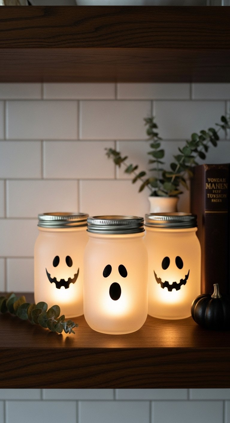 DIY levitating witch hat lights glowing above a spooky chic Halloween kitchen island