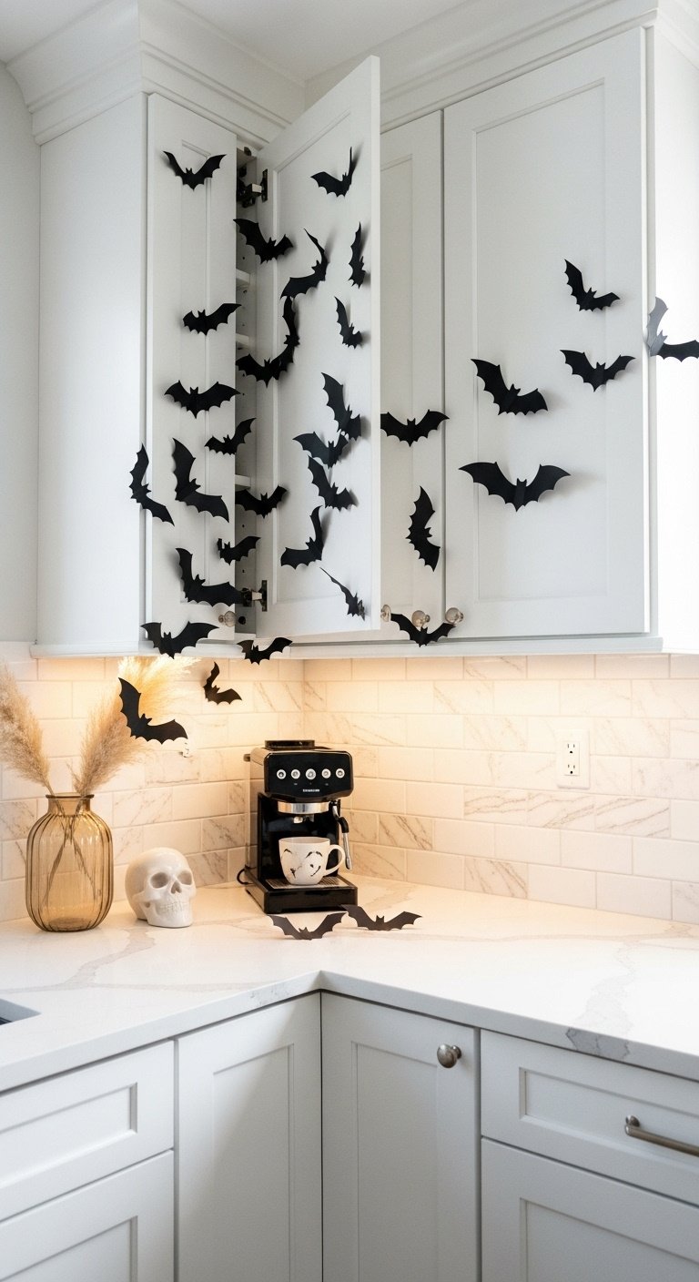 DIY levitating witch hat lights glowing above a spooky chic Halloween kitchen island