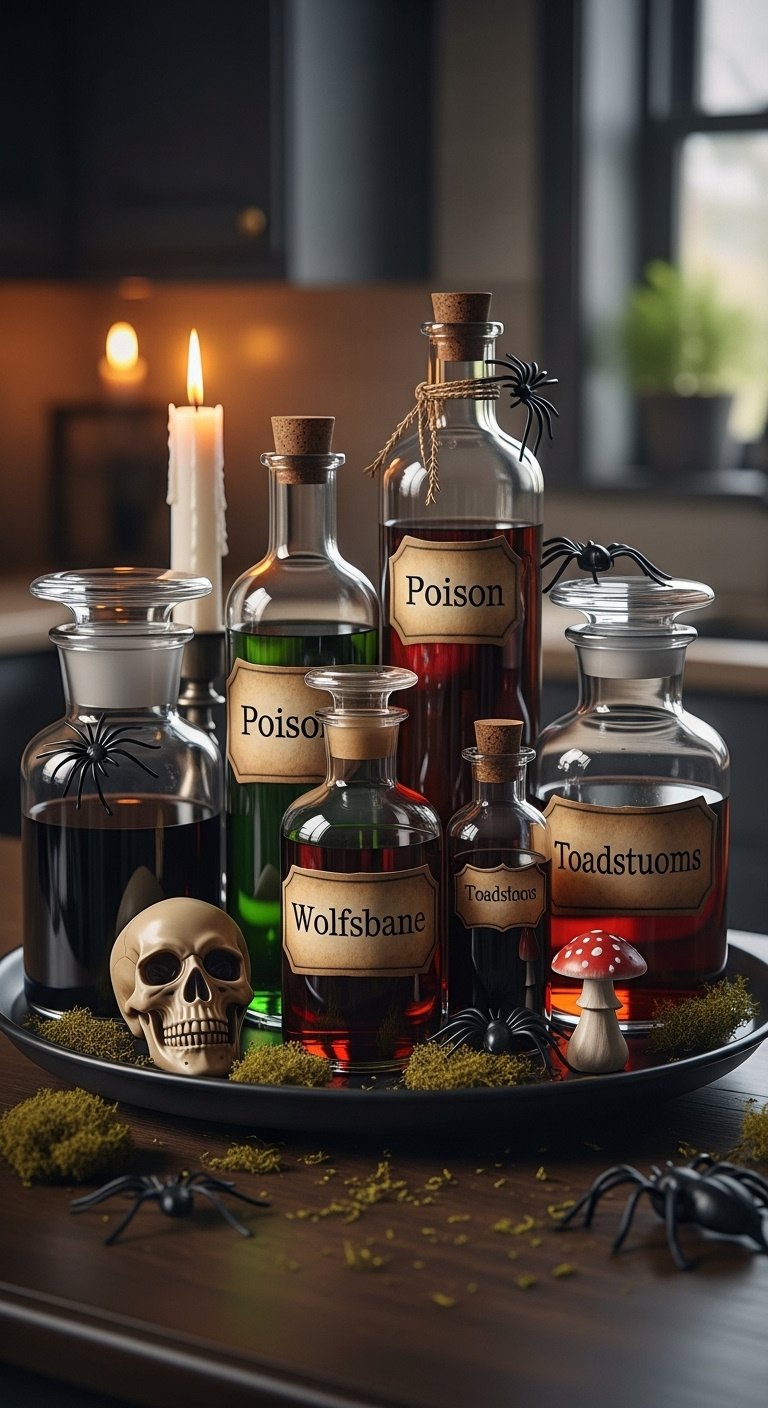 DIY levitating witch hat lights glowing above a spooky chic Halloween kitchen island