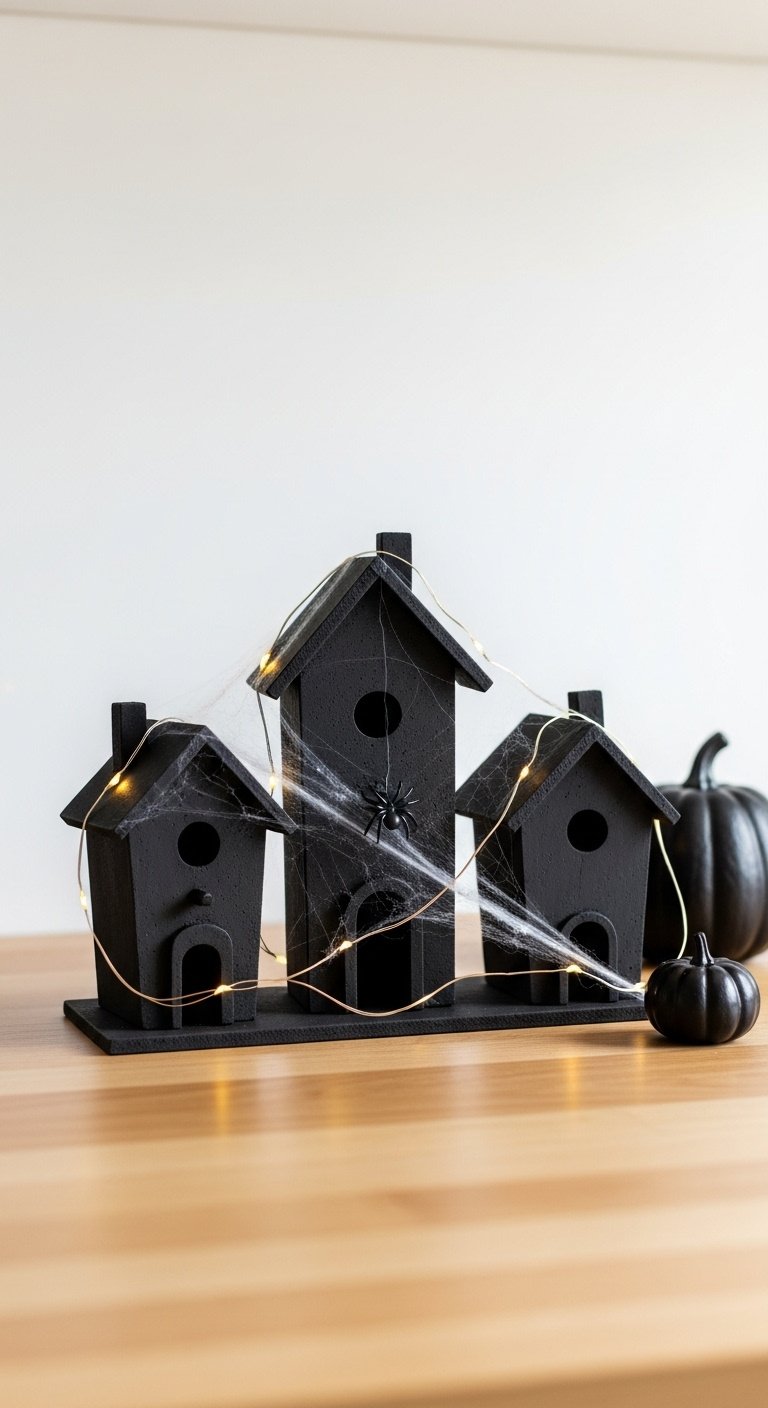 DIY levitating witch hat lights glowing above a spooky chic Halloween kitchen island